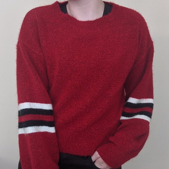 Red Fuzzy Sweater with Balloon Sleeves - Picture 1 of 4